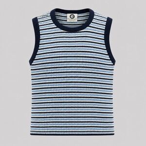 Vintage Ellemenno Womens M Blue Striped Knit Tank‎ Top Y2K Cotton Sleeveless